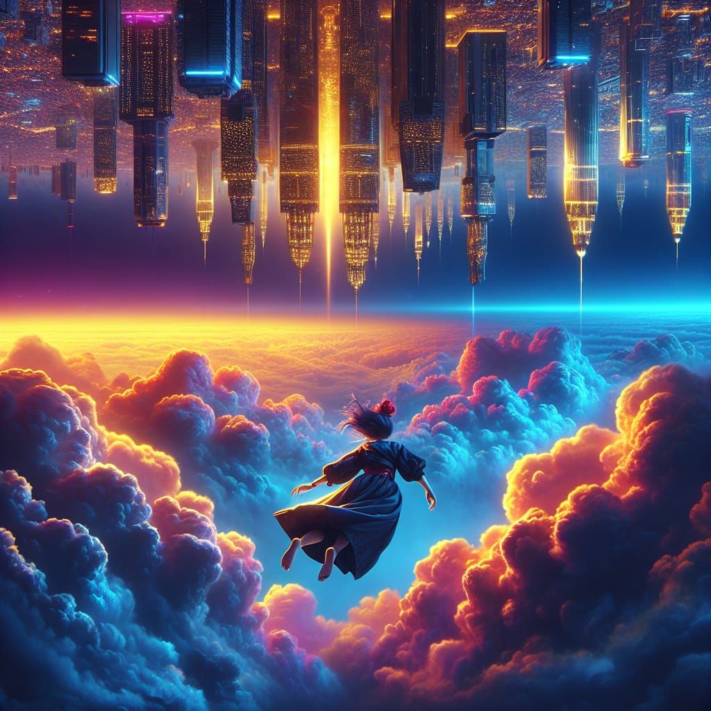 Surreal Freefall Through a Futuristic Cityscape