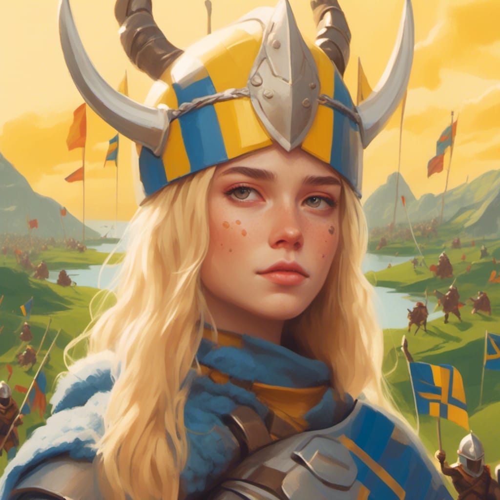 Viking Woman with Swedish Flags, Digital Illustration