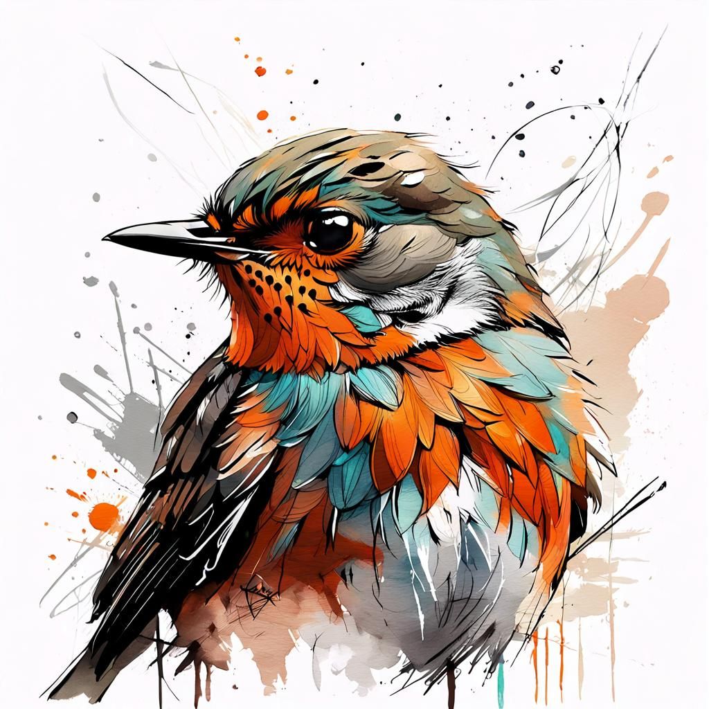Cute Robin Bird in Pastel Colors and Ink Painting