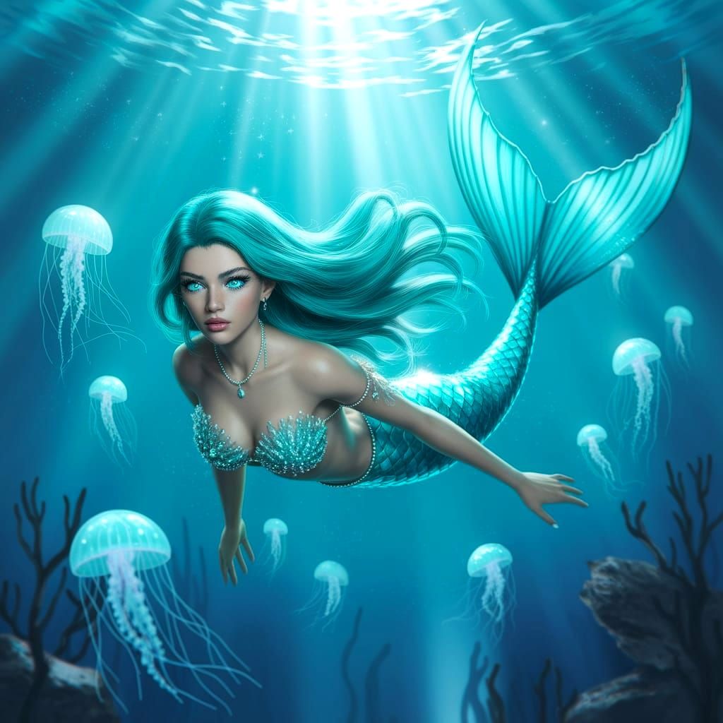Turquoise Mermaid in a Bioluminescent Ocean
