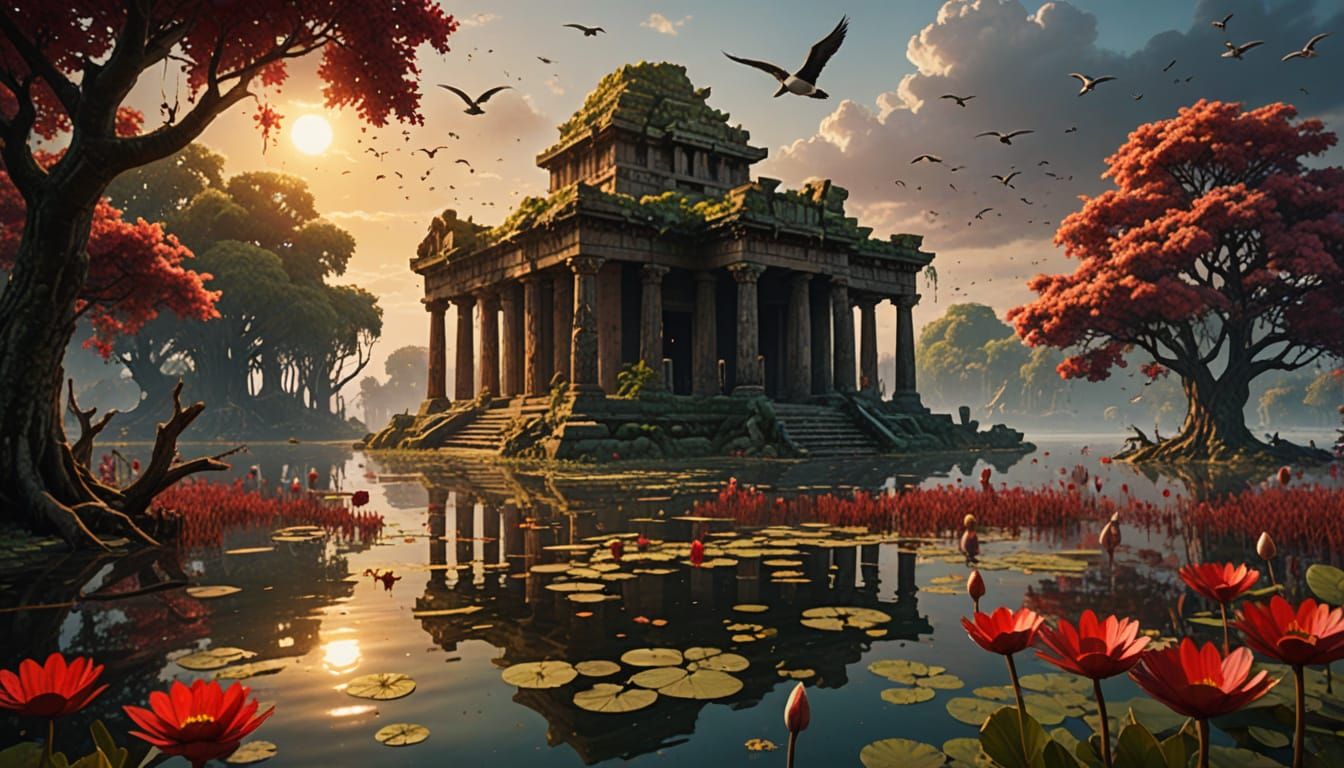 Ancient Temple Ruins at Sunset Over Tranquil Lake