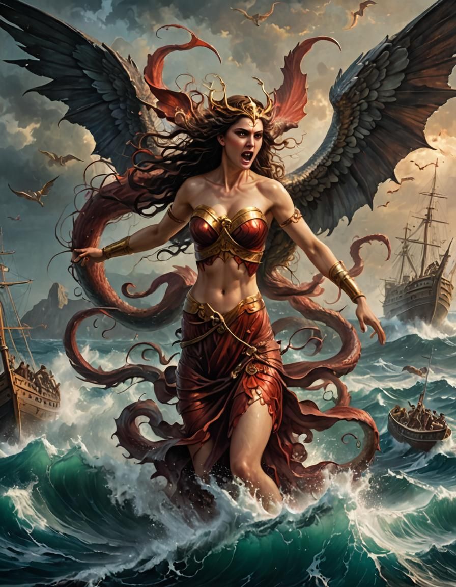 Ferocious Winged Siren Attack in Hyperrealistic Oil