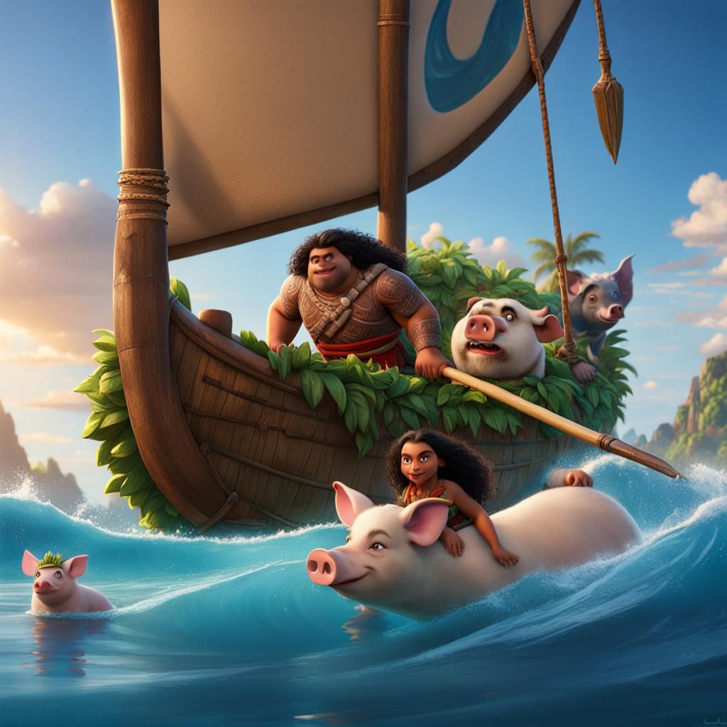 Moana and Maui on Raft with Pua: Detailed Matte Painting