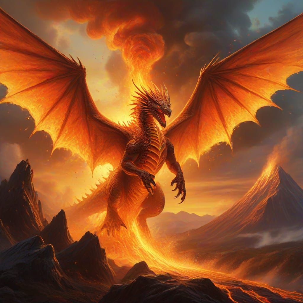 Dragon Over Erupting Volcano with Golden Glow