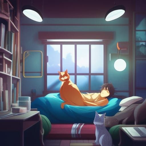 Man Napping with Cats in Cozy Anime Room