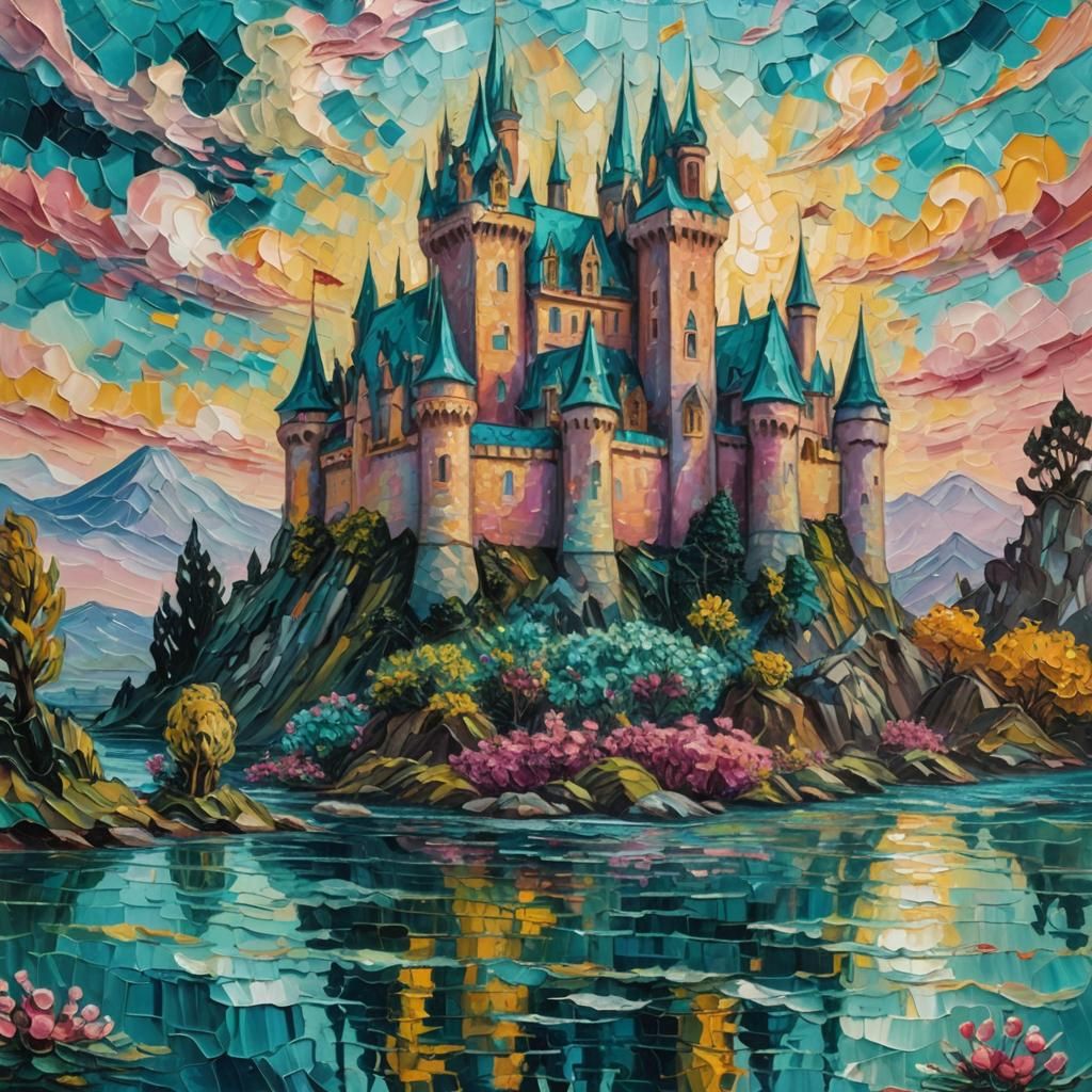 Teal and Rose Castle with Aqua Magic: Impasto Painting