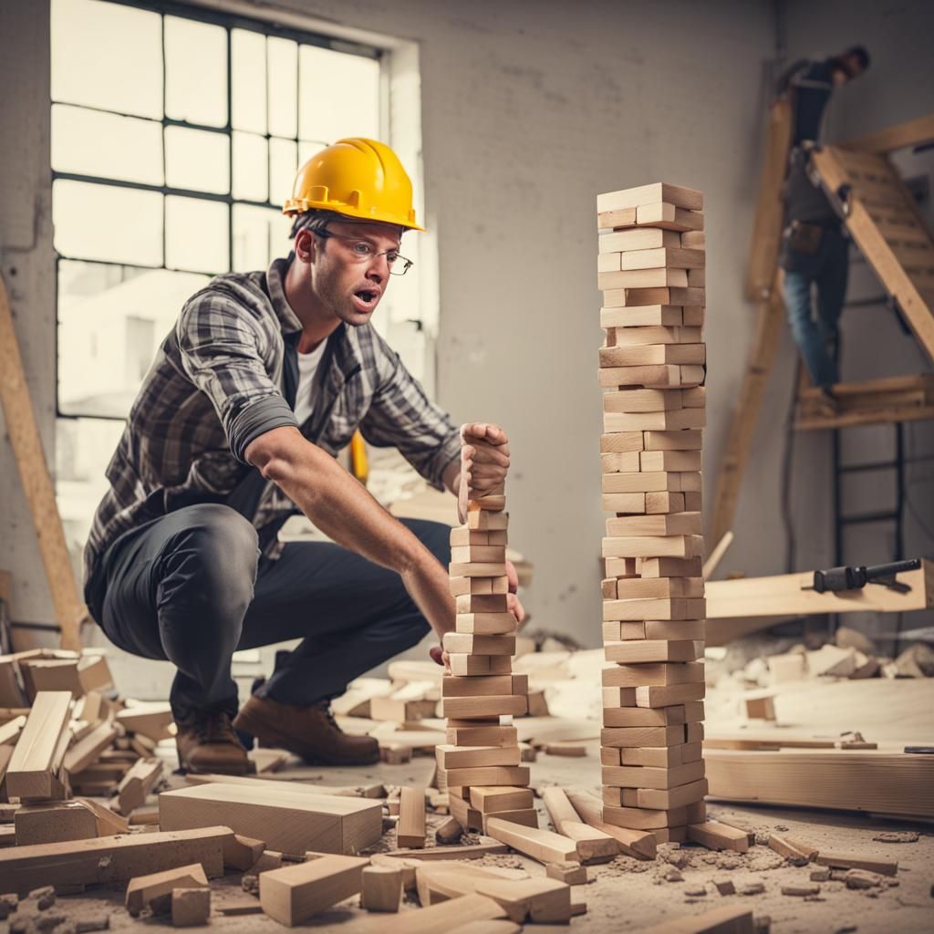 Anxious Jenga Game Interrupted by Jackhammer