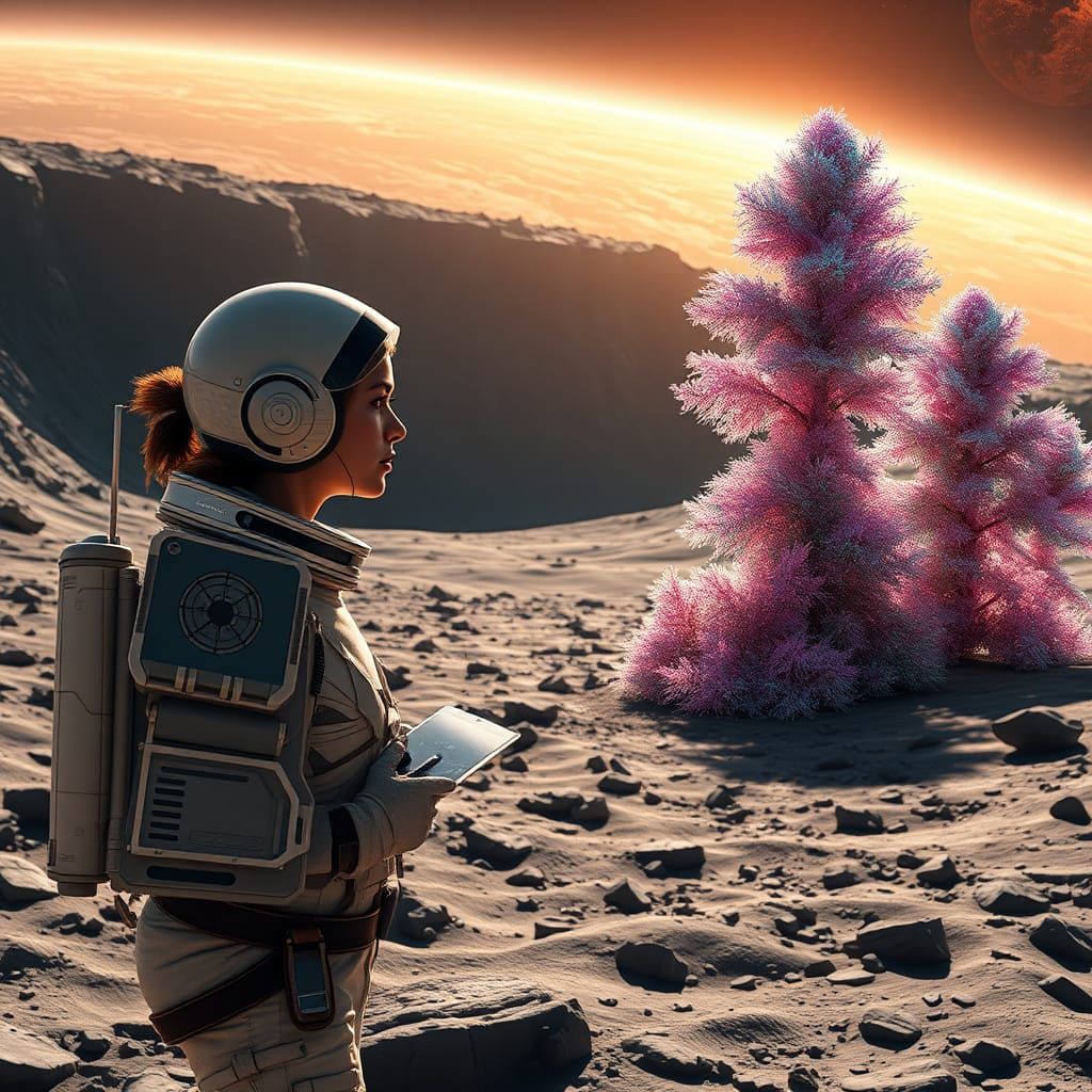 Woman Communicating from Moon in Hyperrealistic Space Scene