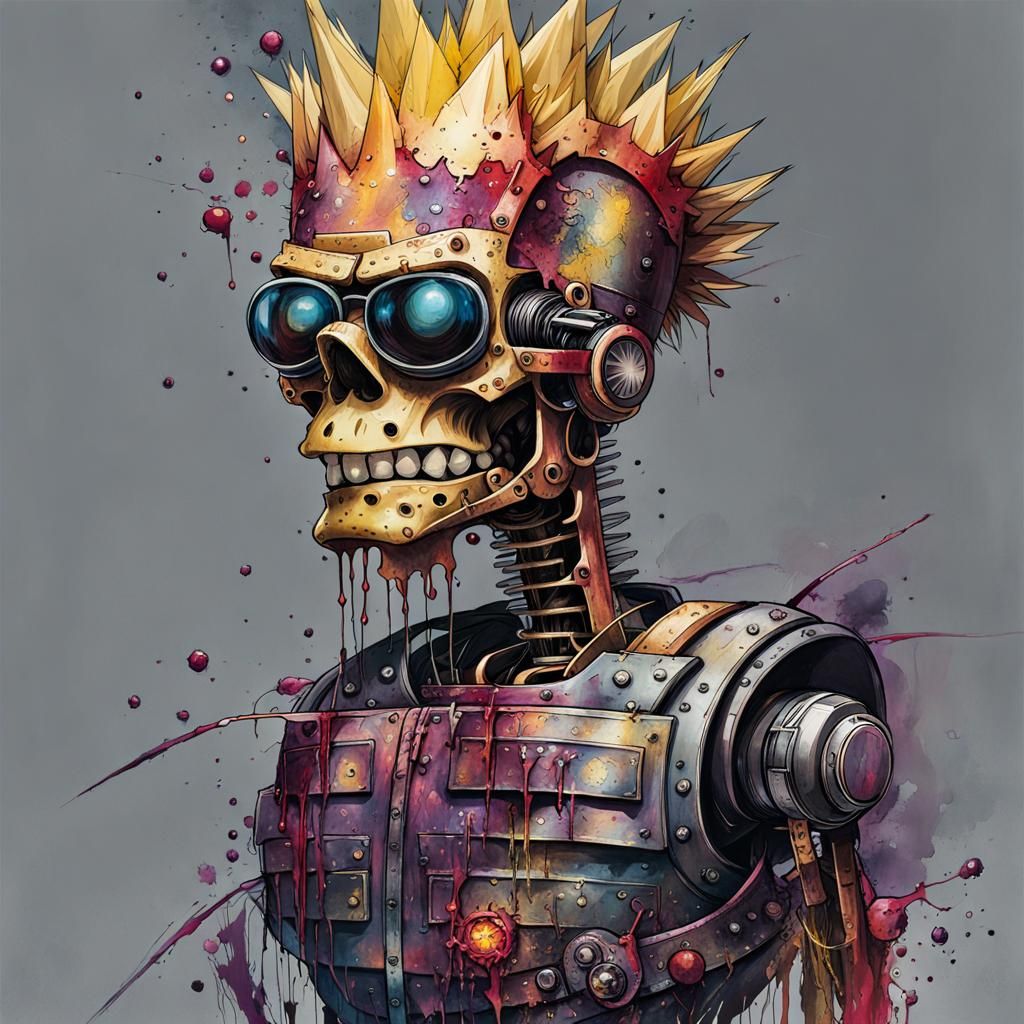 Bart Simpson as Damaged Terminator, misty, ultra detailed, in the style of alcohol ink | Carne Griffiths, Agnes Cecile, ...