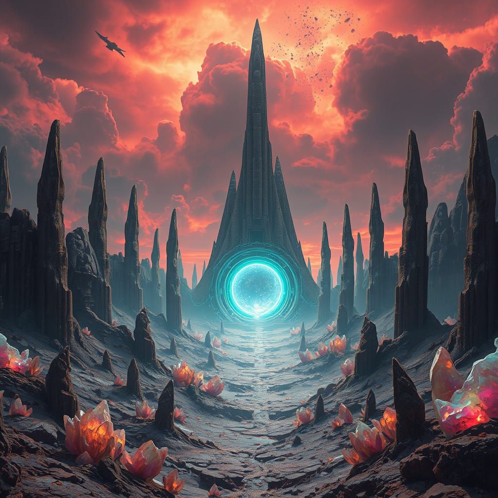 Surreal Otherworldly Landscape with Glowing Portal and Ancie...