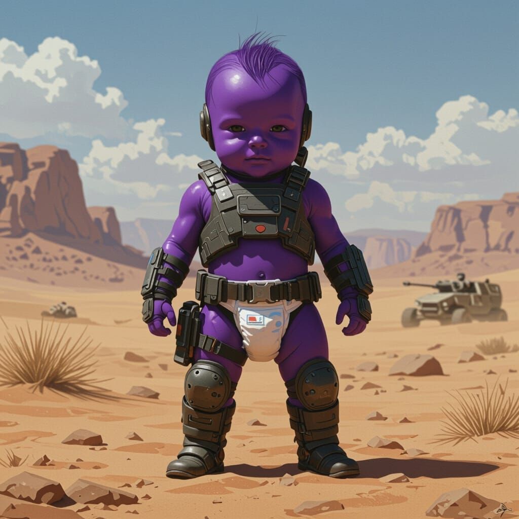 Dystopian Purple Baby Soldier in Desert Battlefield