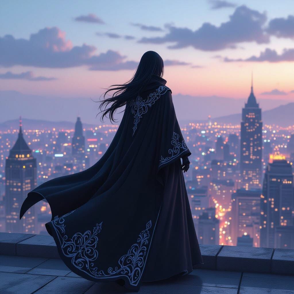 Anime Assassin Overlooking Neon City in Art Nouveau Style