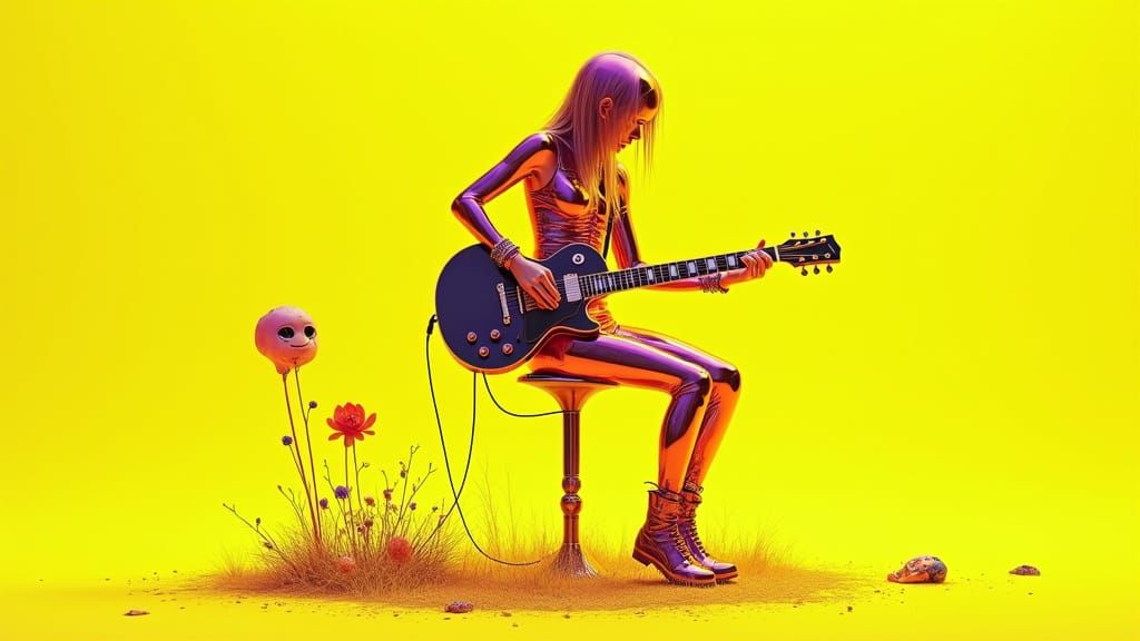 Surreal Guitarist Amidst Chrome Landscape in Giger Style