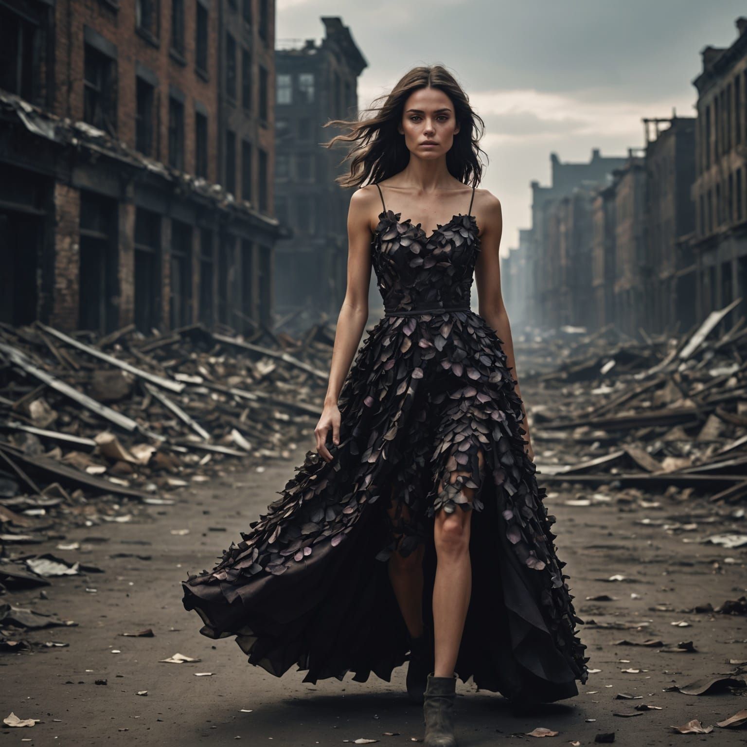 Model in Flower Dress Strides Through Apocalyptic City