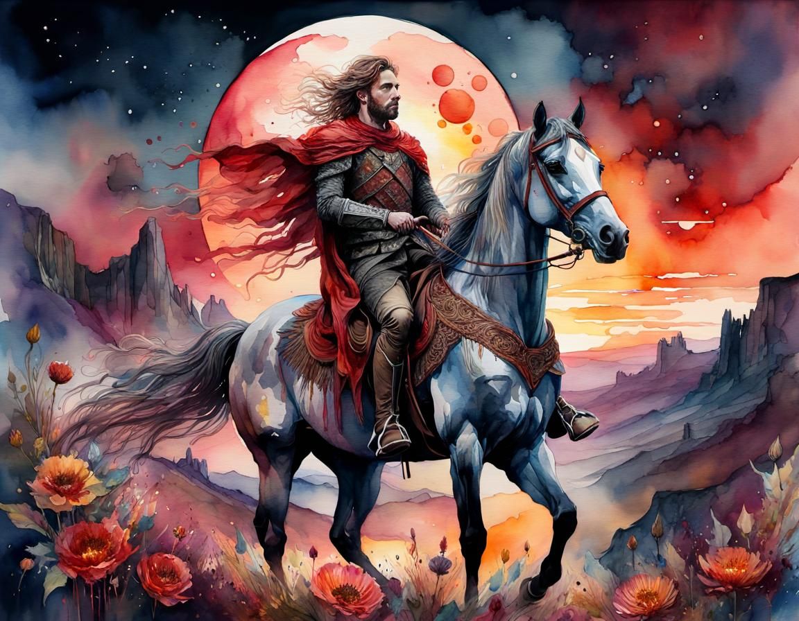 Knight and Damsel Ride at Sunset in Watercolor