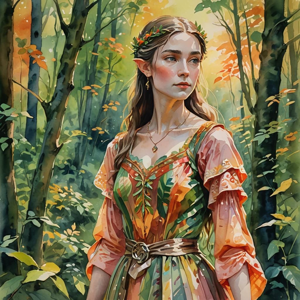 Elven Woman Portrait in Impressionistic Watercolor Style