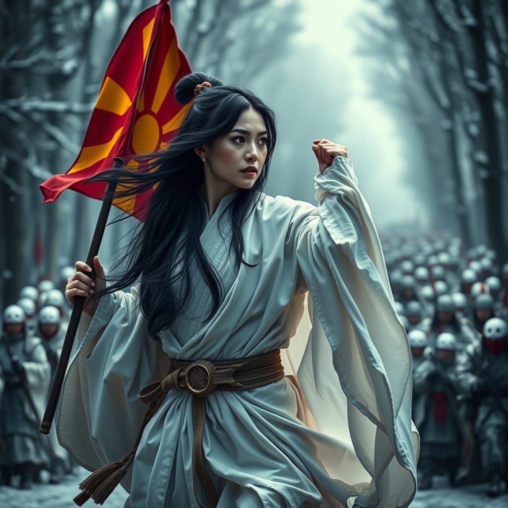 Evil Japanese Warrior Waving Macedonian Flag in Snowy Forest