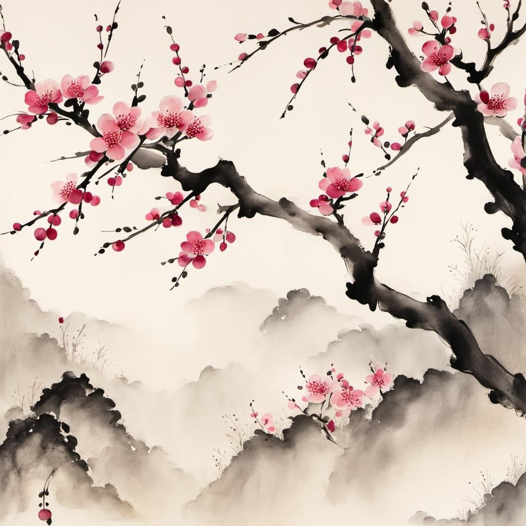 Muted Chinese Ink Painting of Plum Blossoms