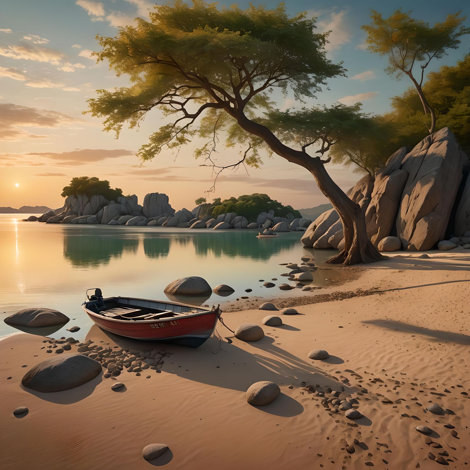 Fishing Boat at Sunset on Lagoon Beach