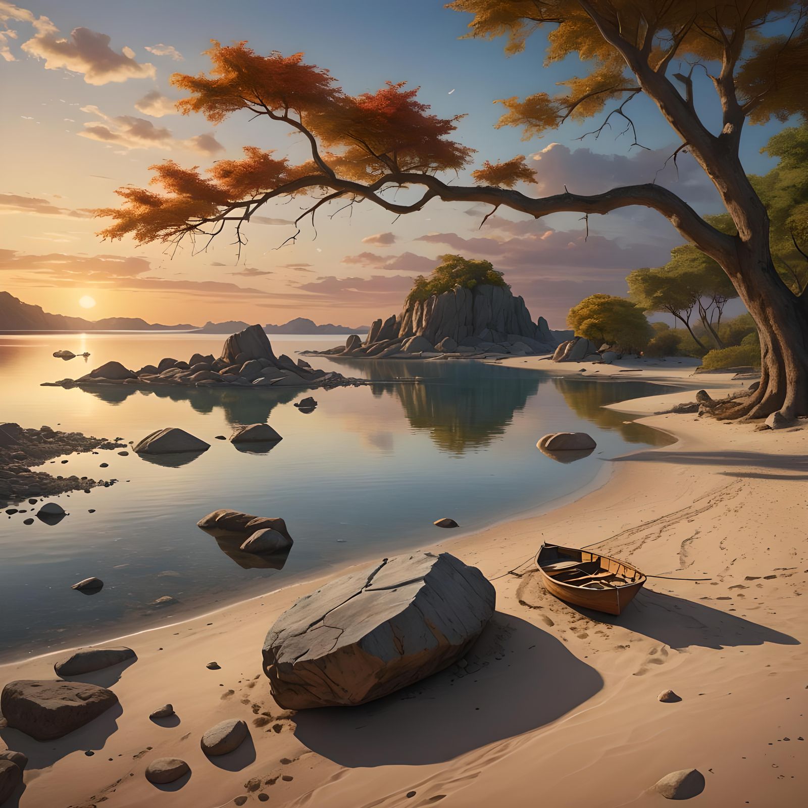 Twilight Lagoon: Fishing Boat at Sunset