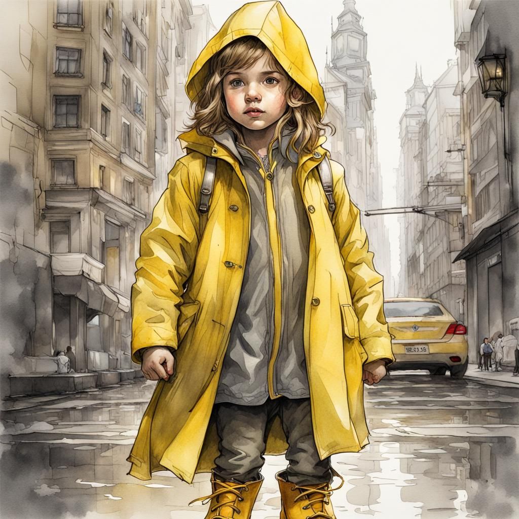 Child in Yellow Raincoat: Pen and Ink Portrait
