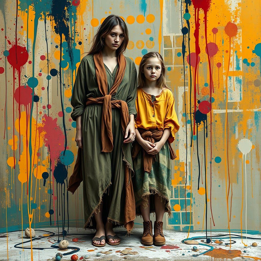 Expressive Portrait of Mother and Daughter in Abstract Style