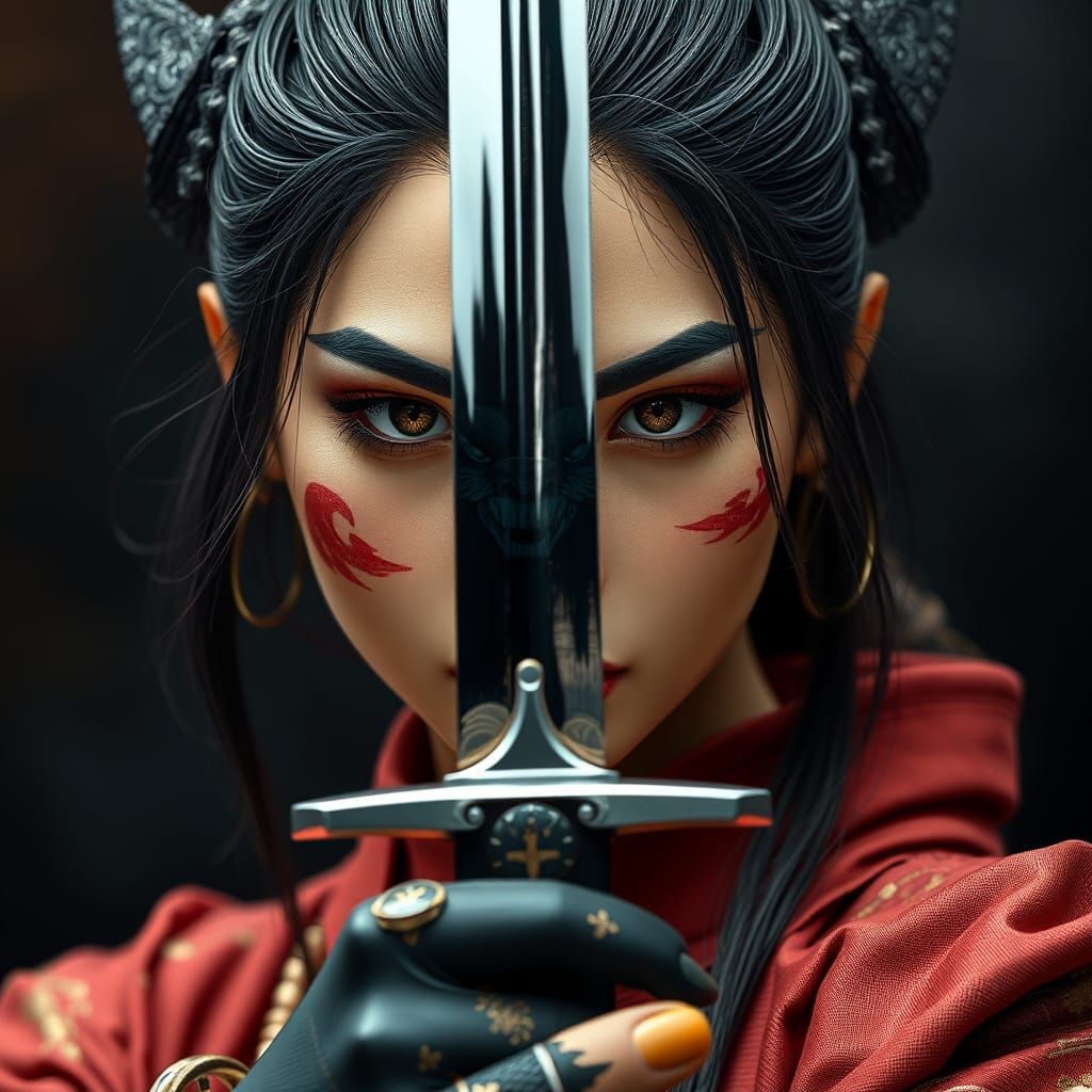 Fierce Japanese Warrior with Katana Reflection