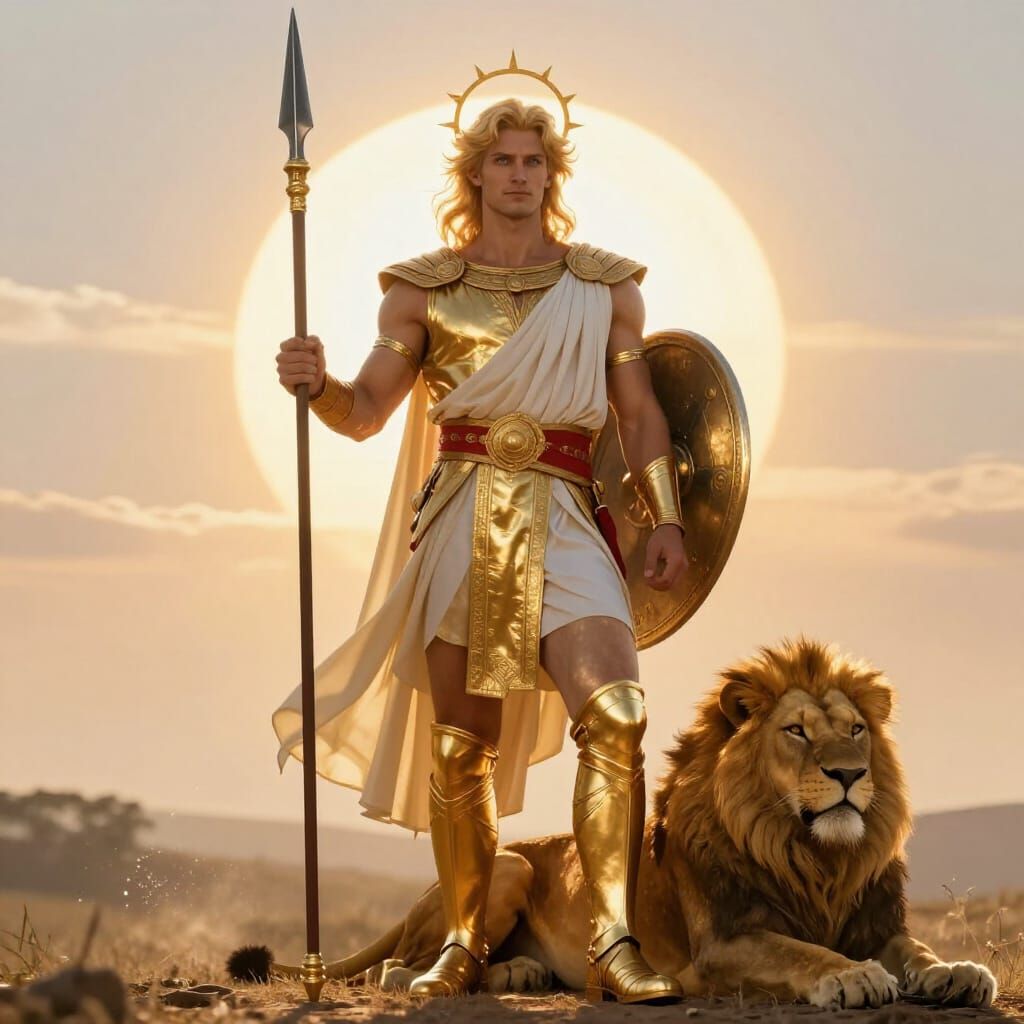 Sun God with Radiant Spear and Golden Lion at Dawn