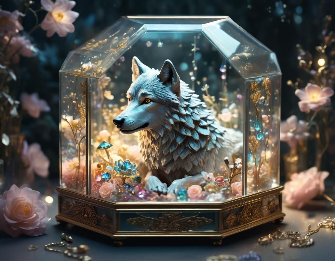 Tiny Wolf in Jewelry Box with Glowing Flowers