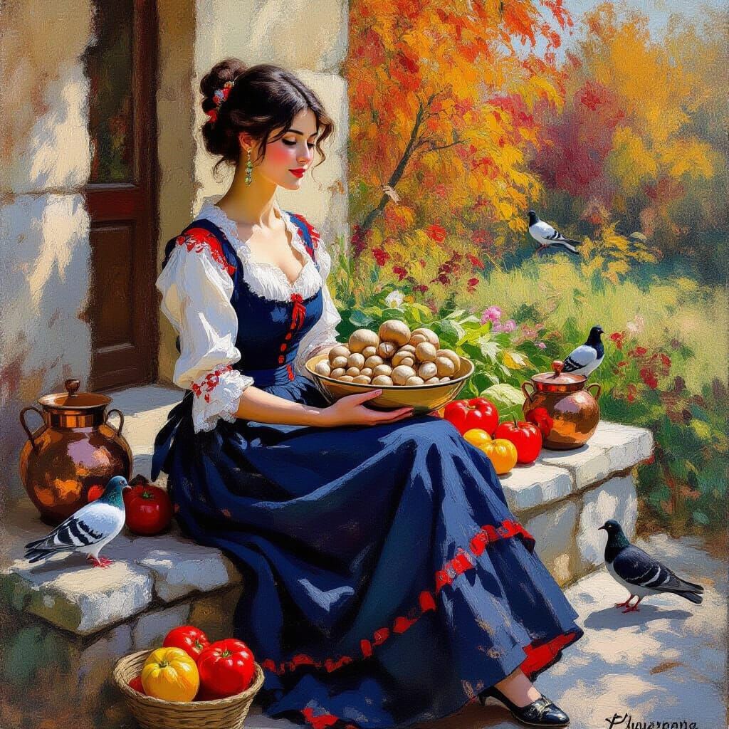 Impressionistic Woman with Autumn Harvest on Stone Porch