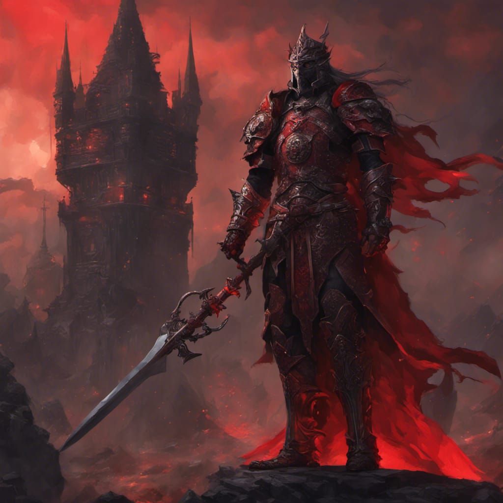 Warrior in Red Armor on Tower: Dark Fantasy Art