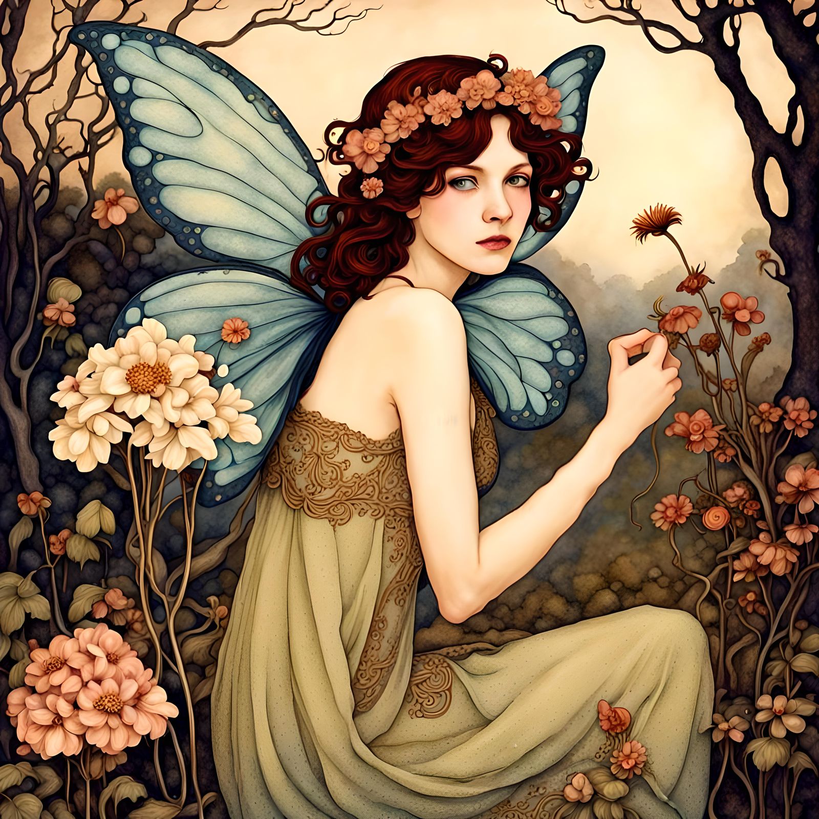 fantasy fairy countryside, flowers, mysterious, art nouveau,...