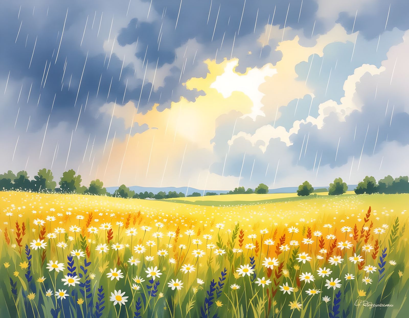 Wildflower Field in Rain, Watercolor Dreamscape