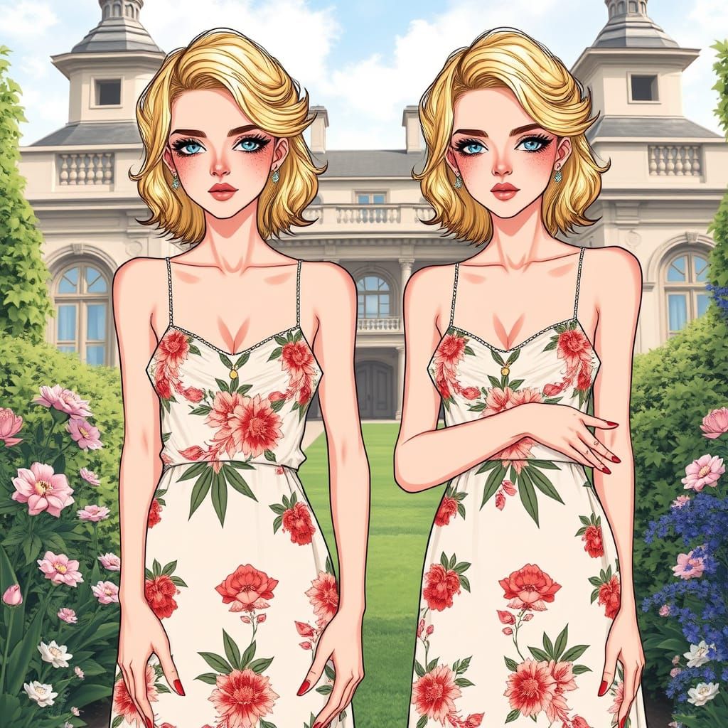 Androgynous Twins Posing in Floral Sundresses: Digital Illus...