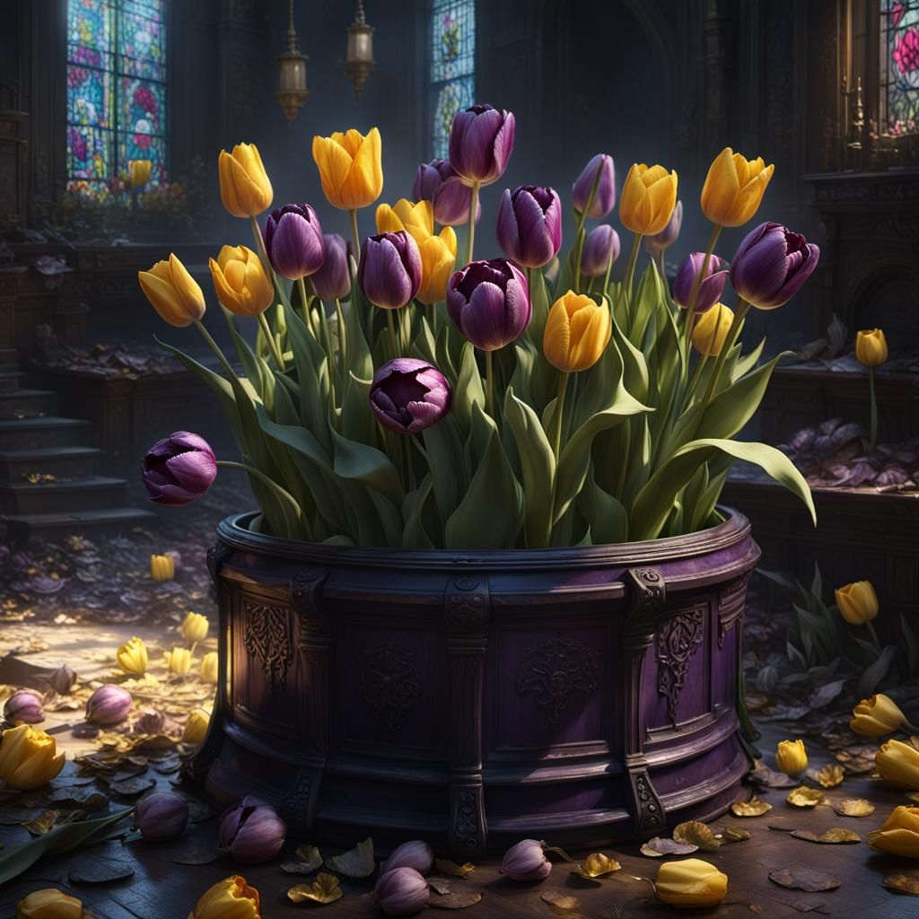 Recycling Bin with Tulips: Dark Fantasy Concept Art