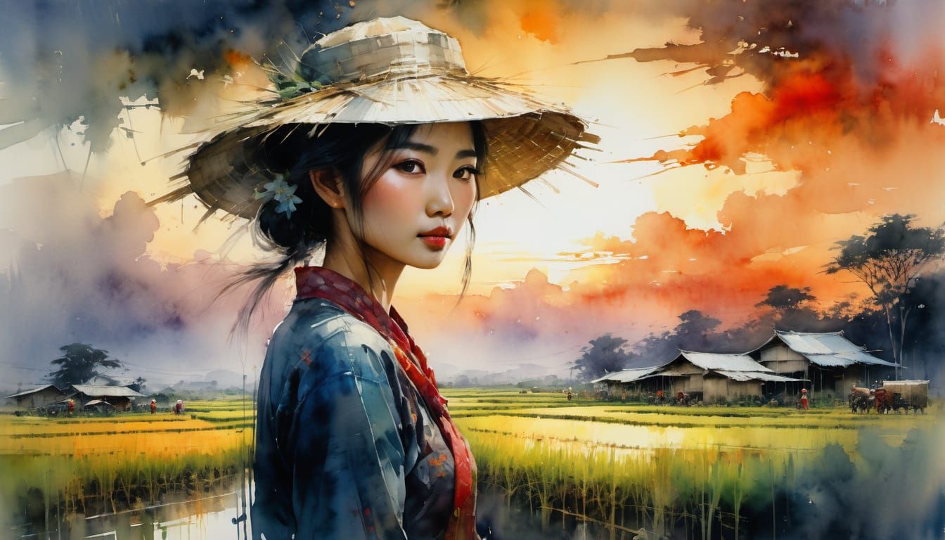 Asian Woman in Sunset Landscape, Watercolor Painting