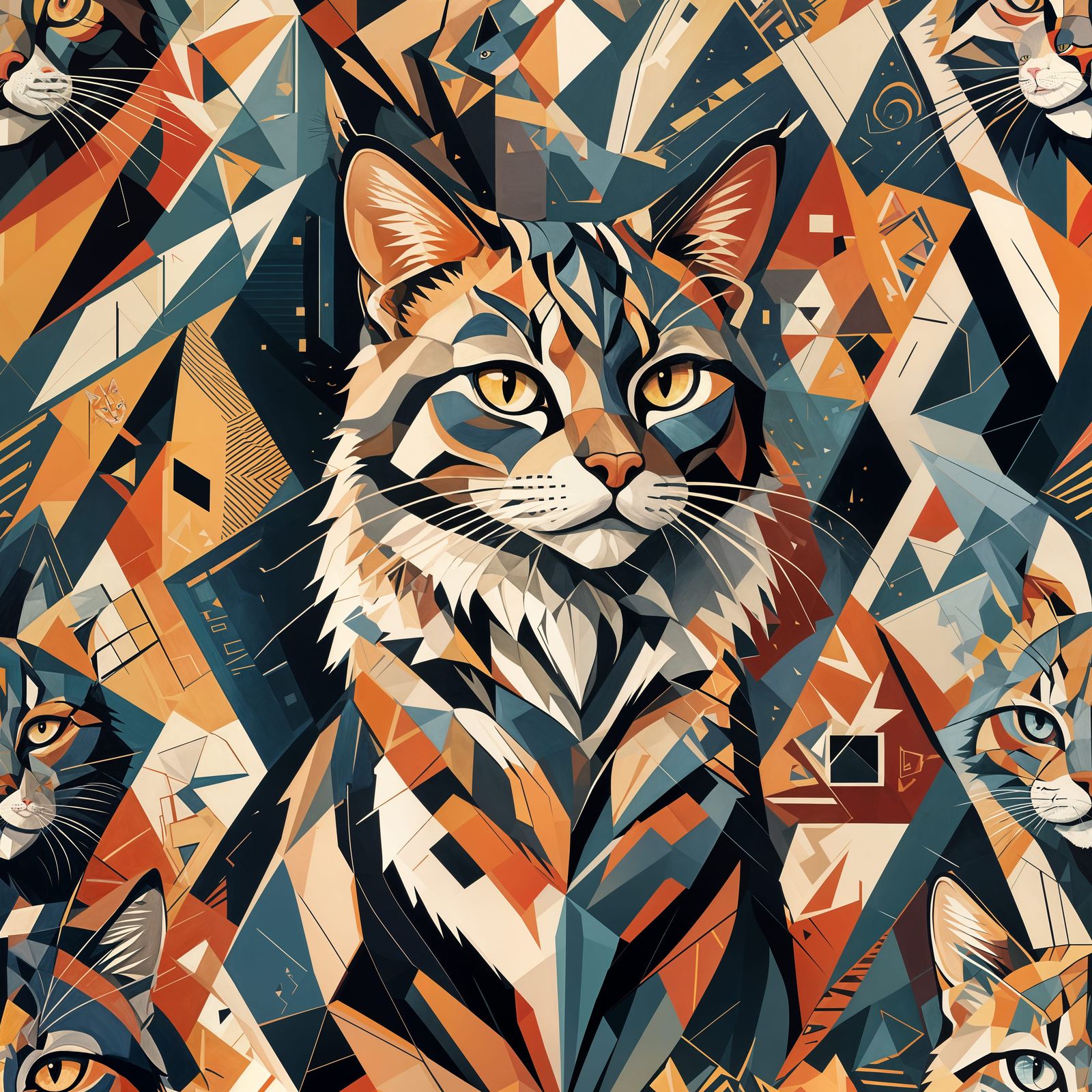 Cubist Cat: Geometric Fauvism in Angular Oil Painting