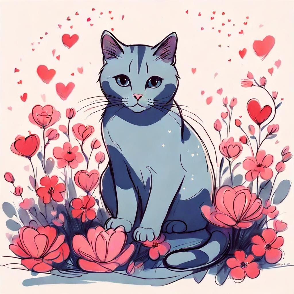 Cat on Pillow with Flowers, in Keane Style