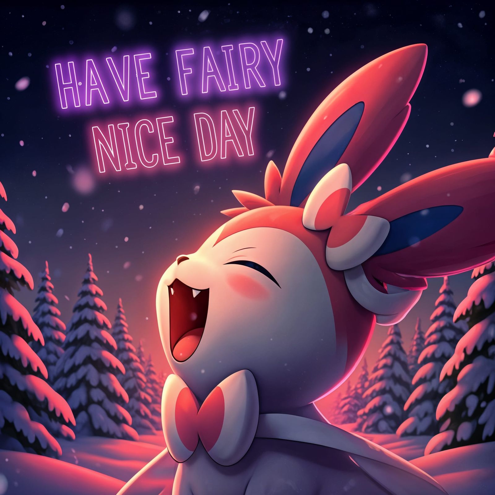 Adorable Chibi Sylveon in Neon Synthwave Anime Style