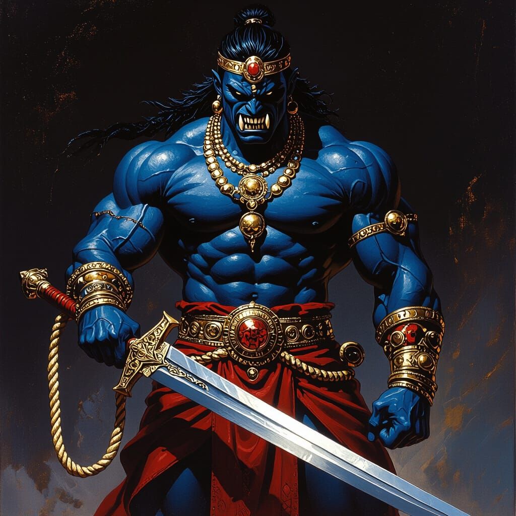 Indigo Warrior with Sword in Dramatic Lighting