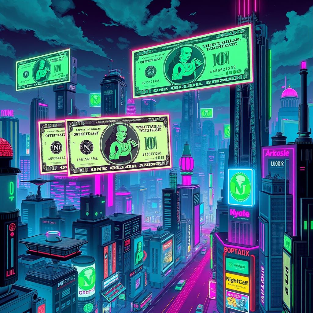 Futuristic Cityscape with Neon Currency in Cyberpunk Style