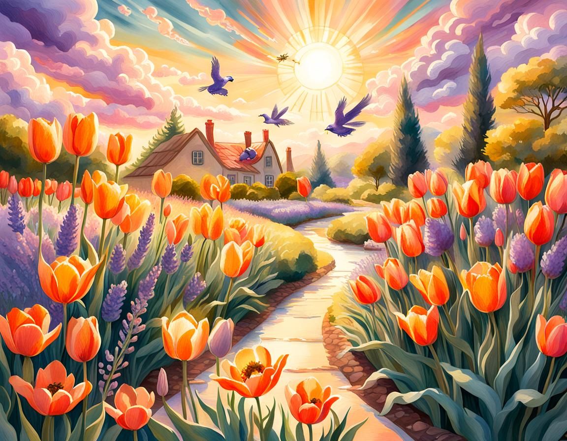 Sun-Drenched Garden in Impressionistic Colored Pencil Style