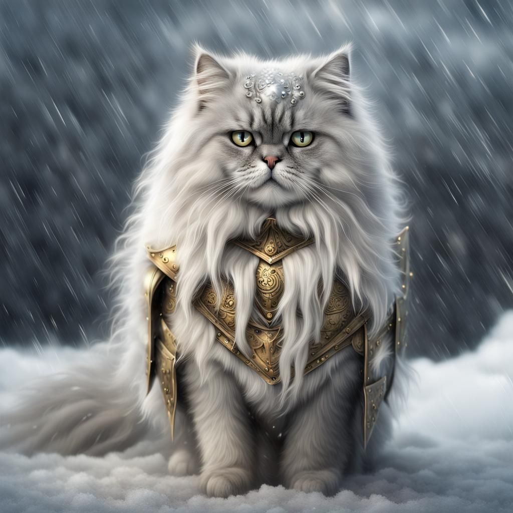 Armored Persian Cat in Blizzard: Digital Matte Painting