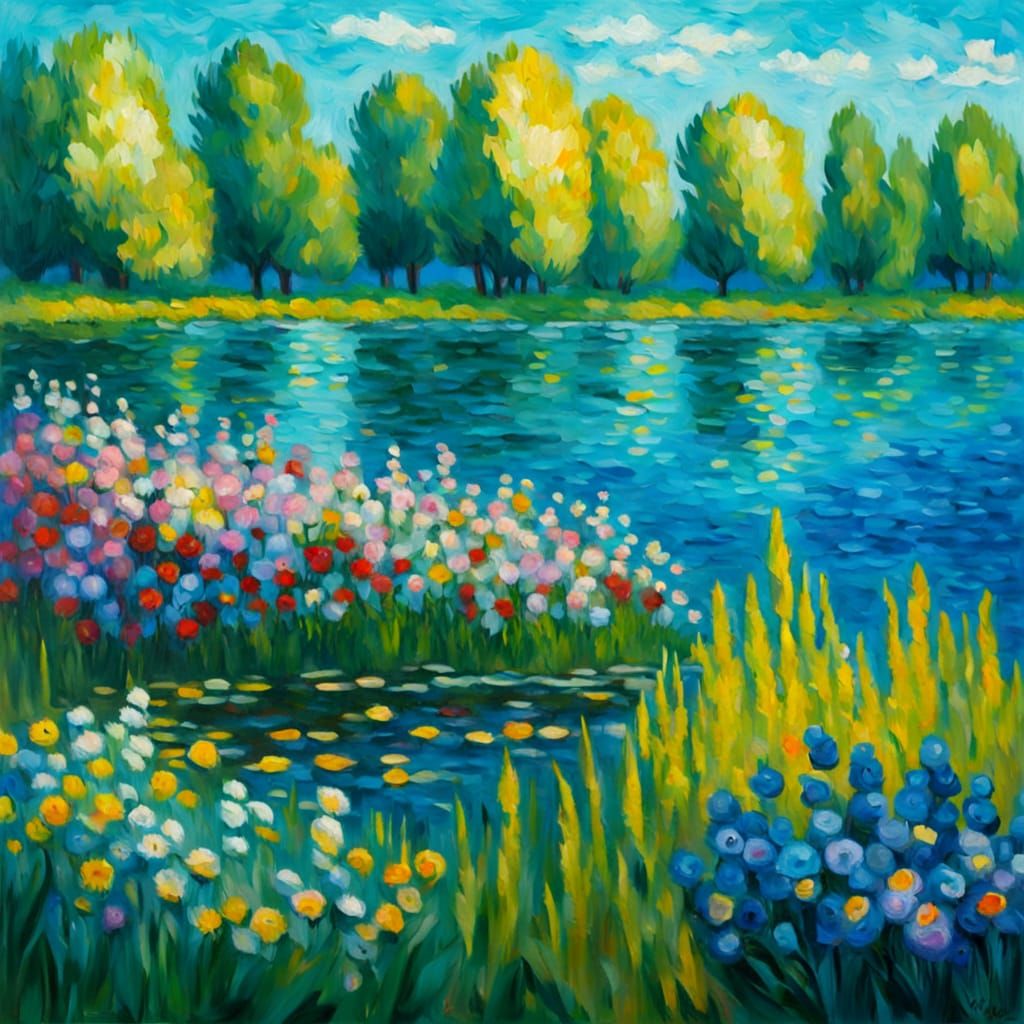 Vibrant Abstract Flowers by Serene Lake, Impasto Oil Paintin...