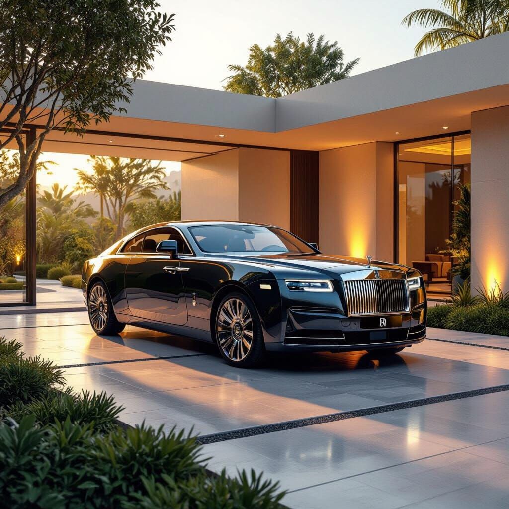 Luxurious Rolls Royce on Modern Driveway in Golden Light