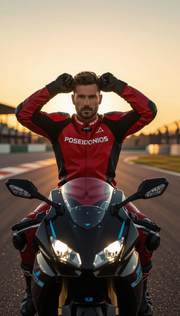 Motorcycle Racer at Golden Hour on Racetrack