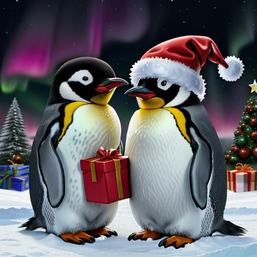 Penguin Christmas Fantasy in Botero Style