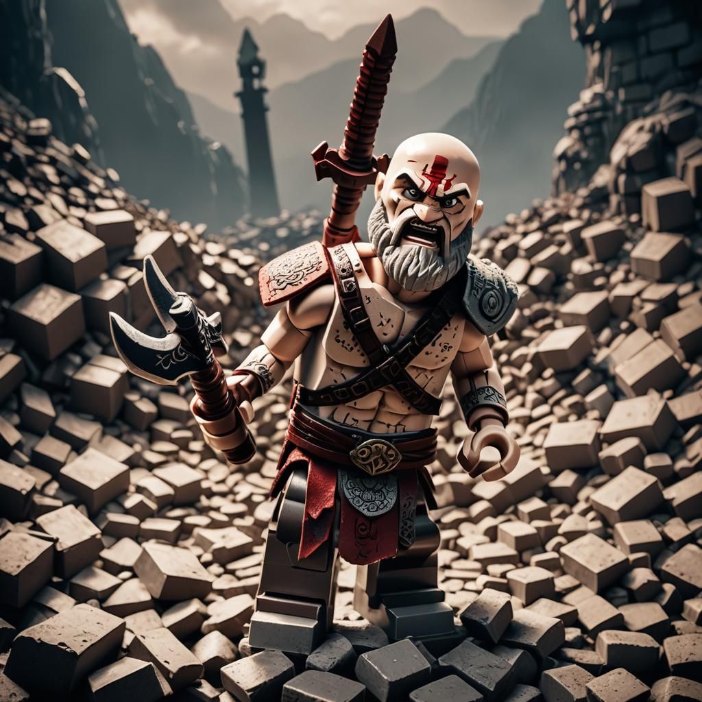 Lego Kratos Triumphant: A Cinematic Film Still