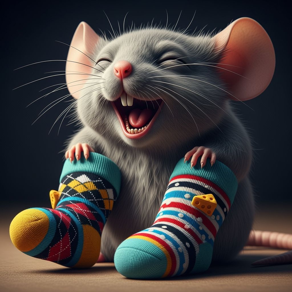 Chibi Mouse Laughing in Striped Socks, Hyperrealistic