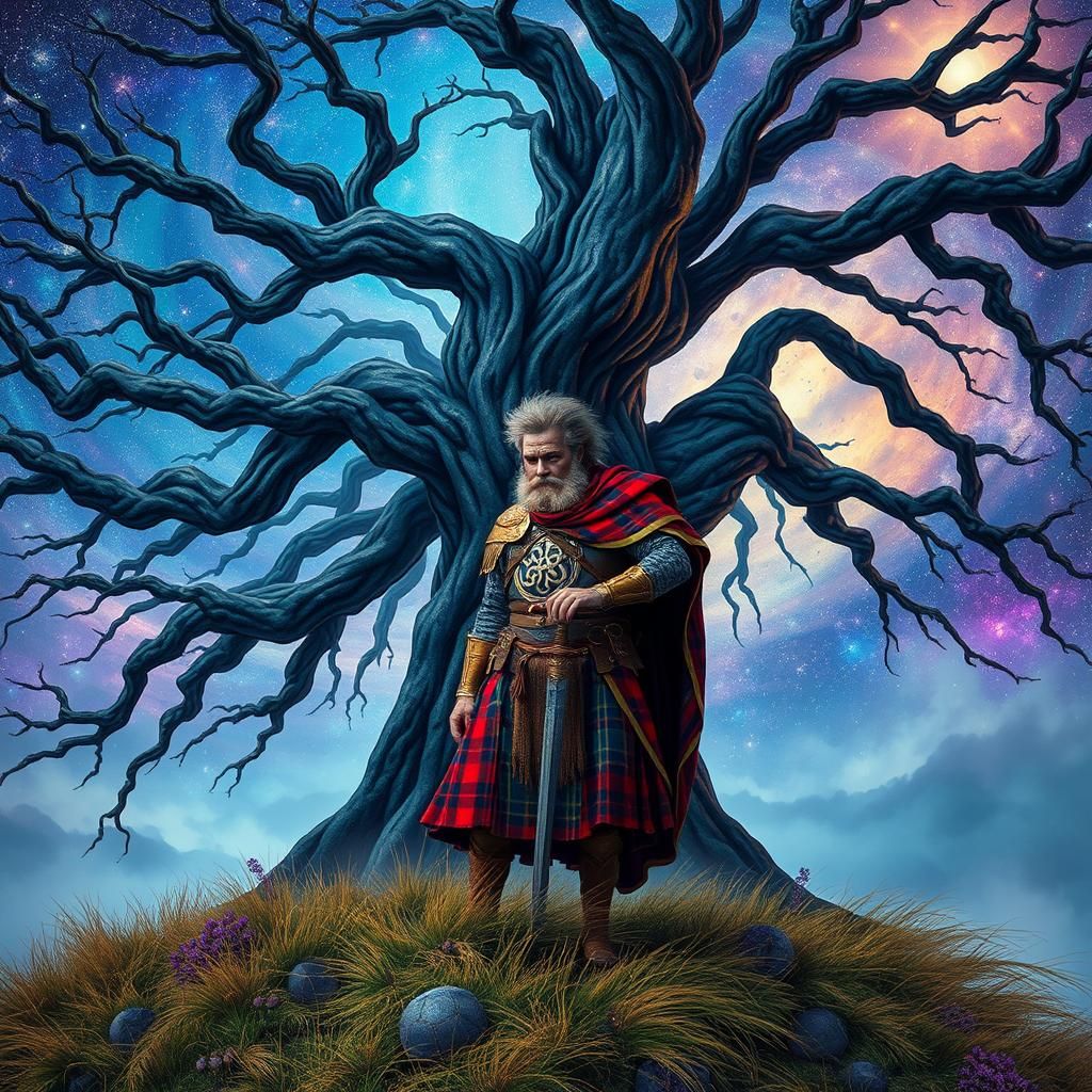 Highland Soldier in Astral Landscape, Mixed Media Style